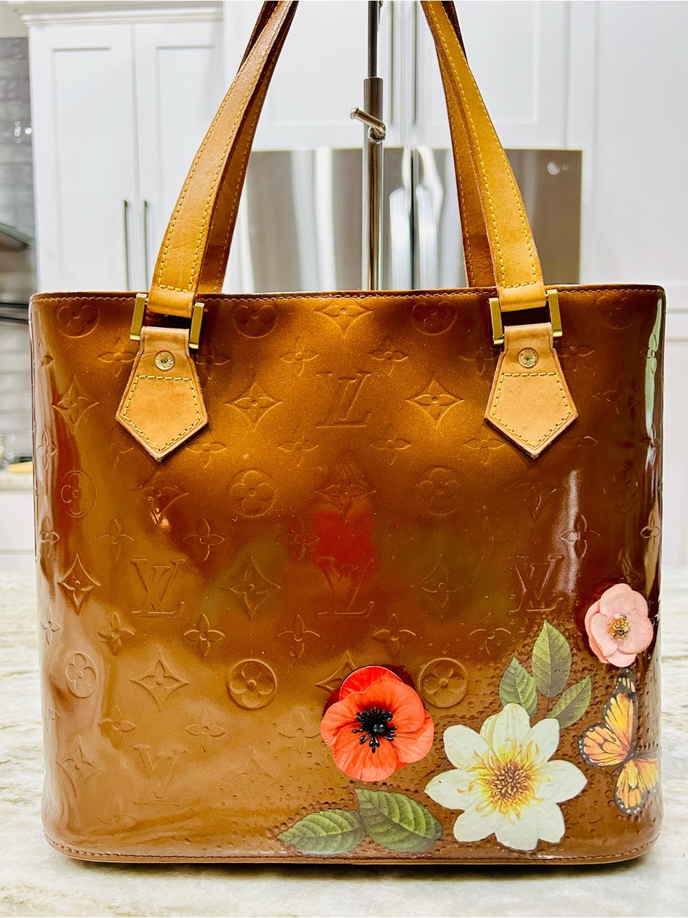 Louis Vuitton Authentic Custom Art Houston Bronze Vernis Leather Tote